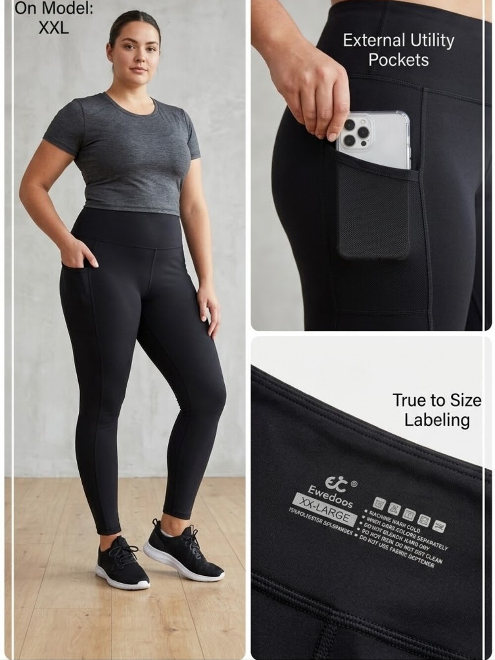 ​Ewedoos Black High Waisted Leggings with Side Pockets Size XXL